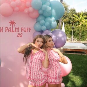 Women’s Pink Palm Puff Pajamas Set in Blush Bay size XXS Dust Bag Pima Cotton